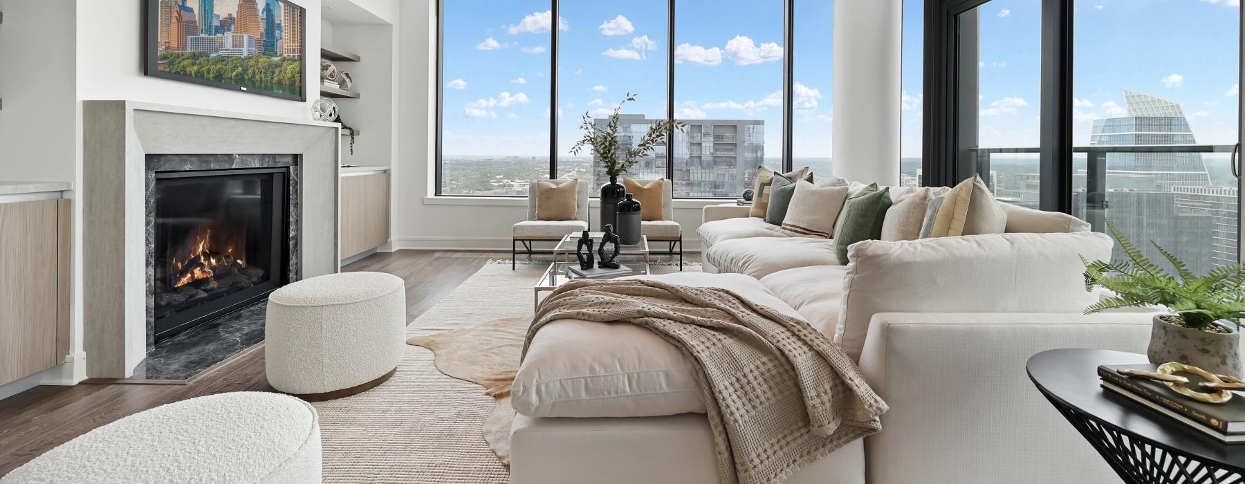 a living room with a fireplace