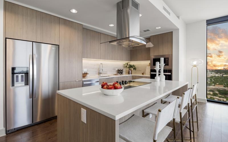 a kitchen with a large island
