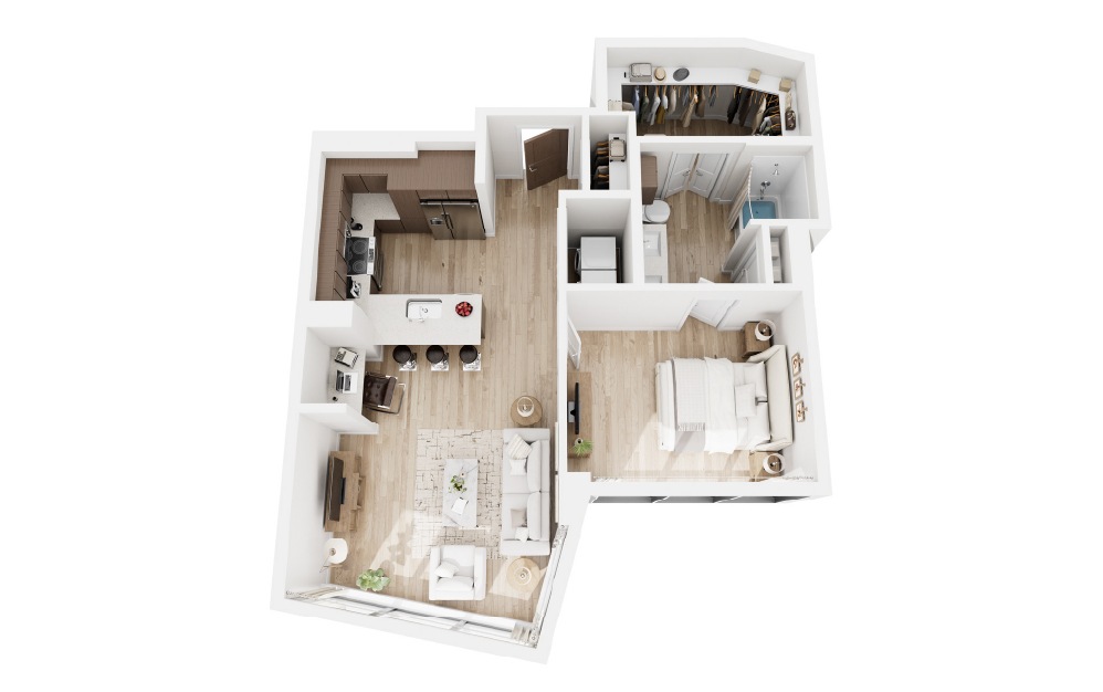 A - 1 bedroom floorplan layout with 1 bathroom and 745 square feet (3D)