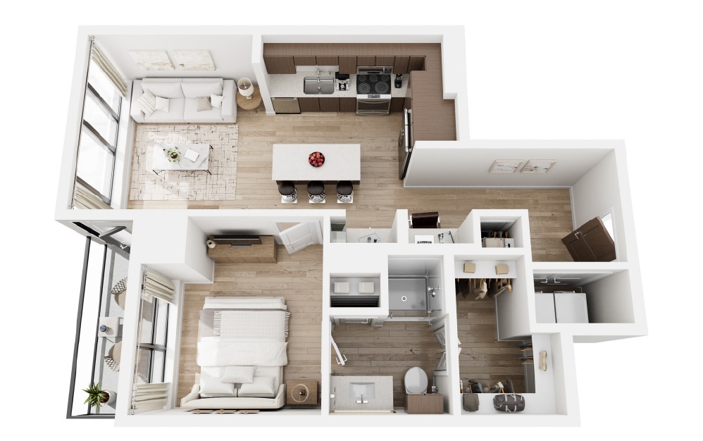 B - 1 bedroom floorplan layout with 1 bathroom and 775 square feet (3D) B - 1 bedroom floorplan layout with 1 bathroom and 775 square feet (3D)