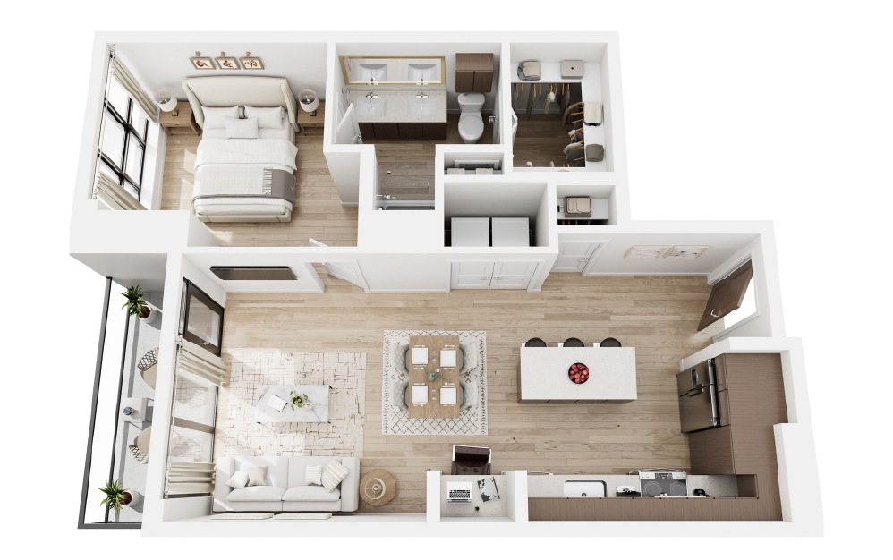 C - 1 bedroom floorplan layout with 1 bathroom and 789 - 790 square feet (3D)
