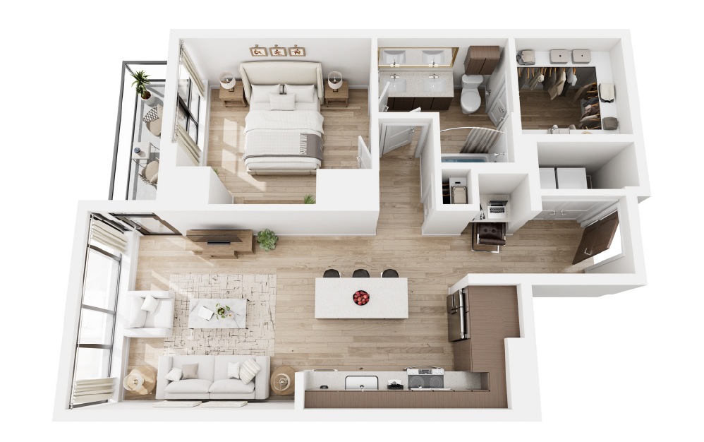 F - 1 bedroom floorplan layout with 1 bathroom and 846 square feet (3D) F - 1 bedroom floorplan layout with 1 bathroom and 846 square feet (3D)