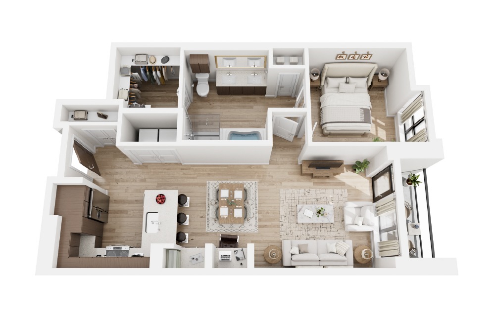 G - 1 bedroom floorplan layout with 1 bathroom and 893 square feet (3D) G - 1 bedroom floorplan layout with 1 bathroom and 893 square feet (3D)