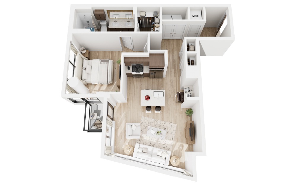 H - 1 bedroom floorplan layout with 1 bathroom and 910 square feet (3D)