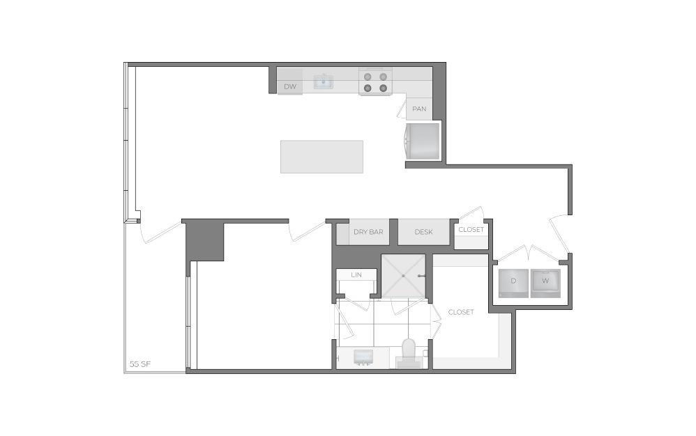 B - 1 bedroom floorplan layout with 1 bathroom and 775 square feet (2D)