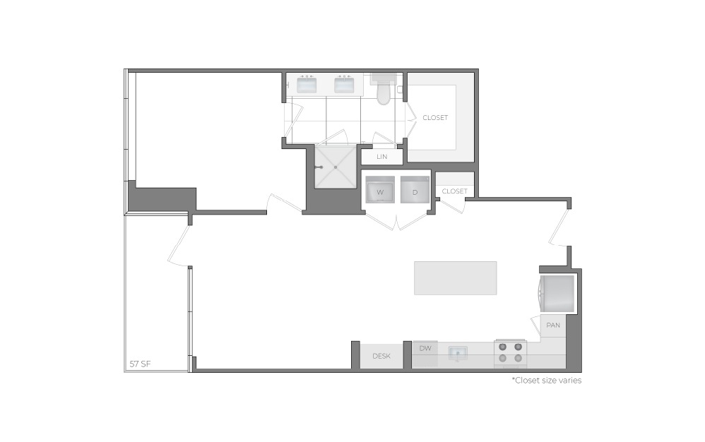 C - 1 bedroom floorplan layout with 1 bathroom and 789 - 790 square feet (2D)