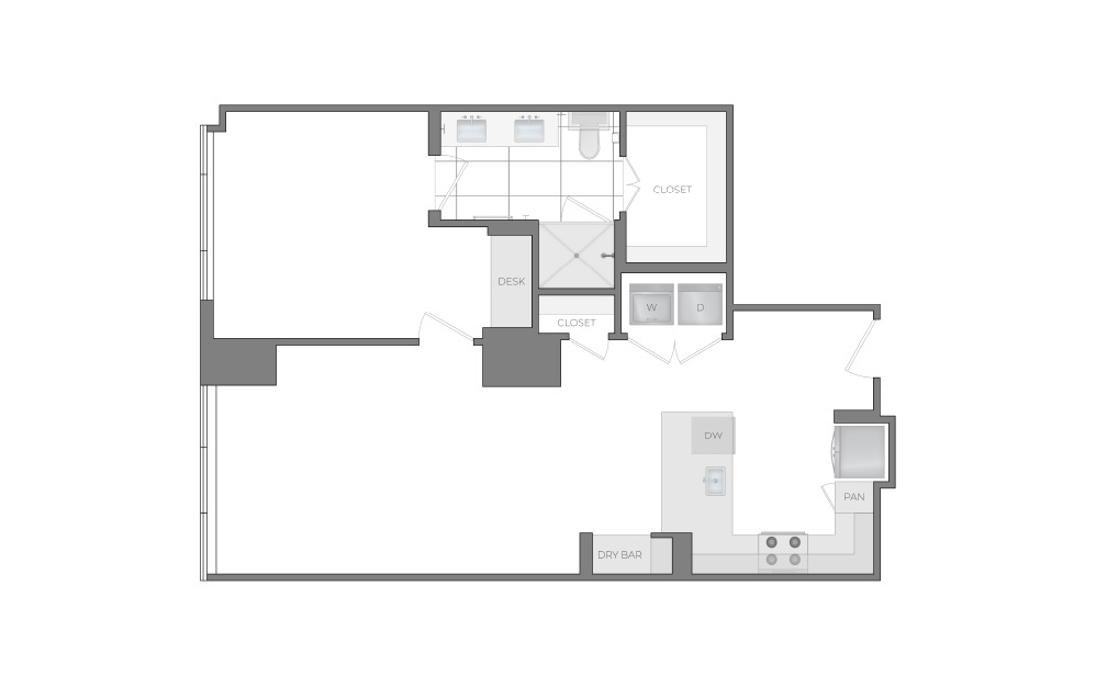 D - 1 bedroom floorplan layout with 1 bathroom and 812 square feet (2D)