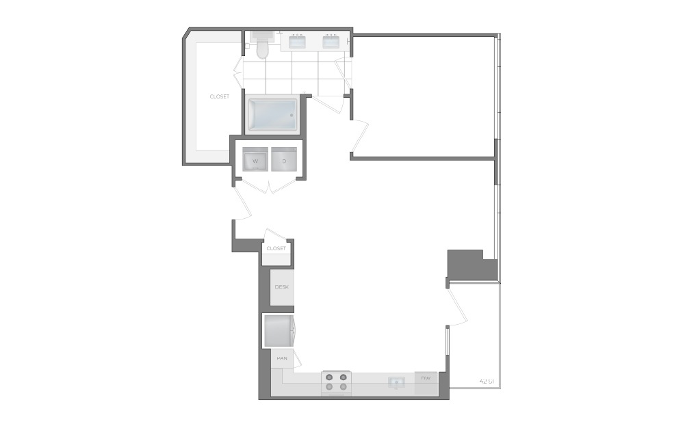 E - 1 bedroom floorplan layout with 1 bathroom and 829 square feet (2D)