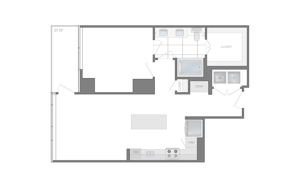 F - 1 bedroom floorplan layout with 1 bathroom and 846 square feet (2D)