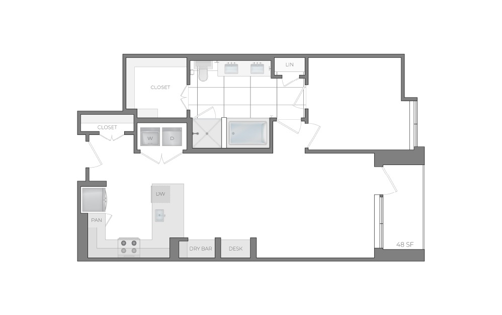 G - 1 bedroom floorplan layout with 1 bathroom and 893 square feet (2D)
