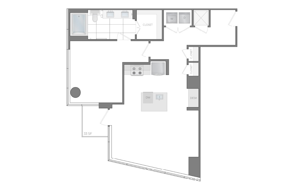 H - 1 bedroom floorplan layout with 1 bathroom and 910 square feet (2D)