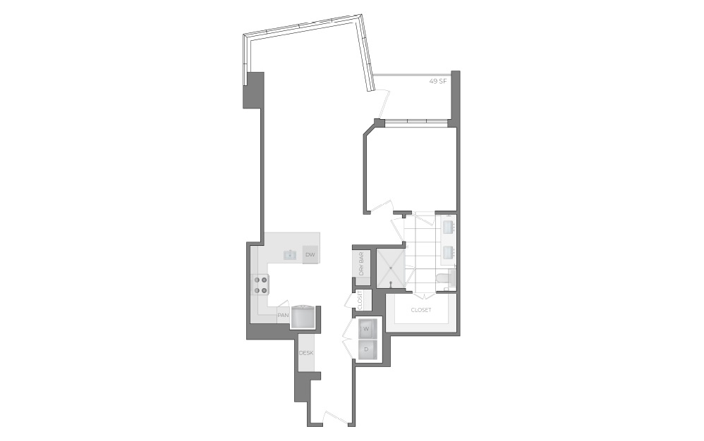 J - 1 bedroom floorplan layout with 1 bathroom and 958 square feet (2D)