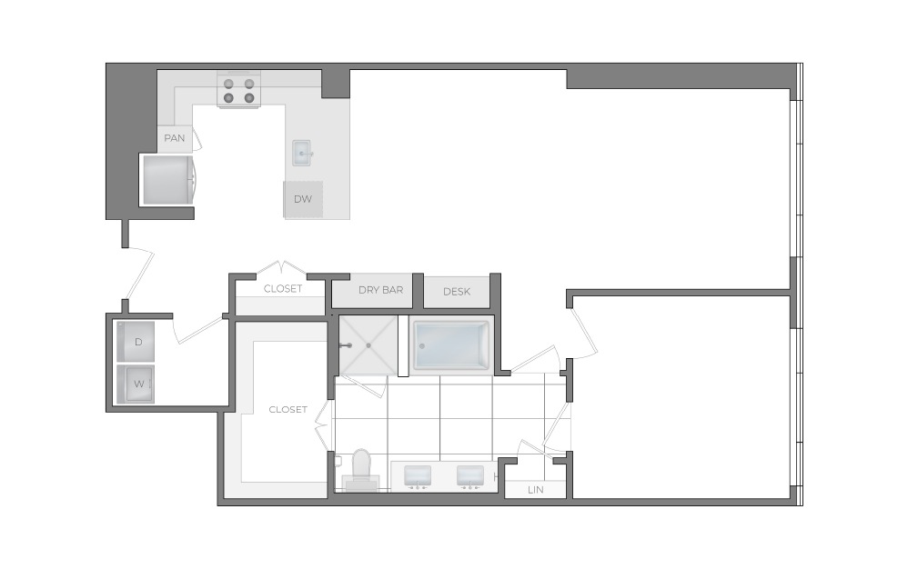 K - 1 bedroom floorplan layout with 1 bathroom and 1006 square feet (2D)