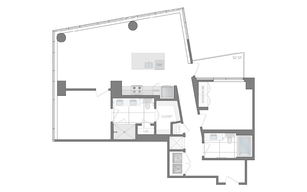L - 2 bedroom floorplan layout with 2 bathrooms and 1265 square feet (2D)