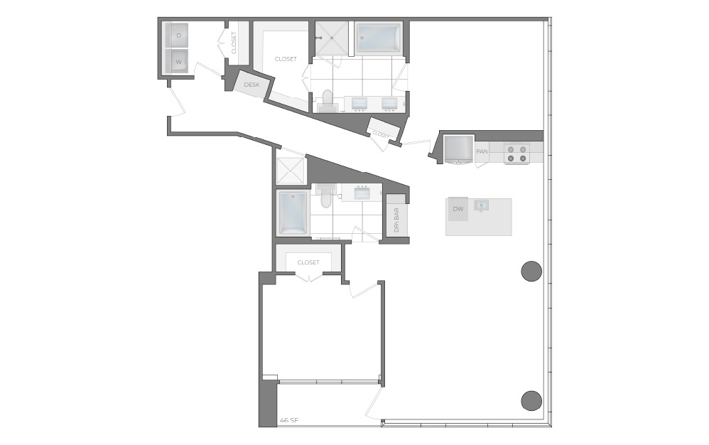 M - 2 bedroom floorplan layout with 2 bathrooms and 1384 square feet (2D)