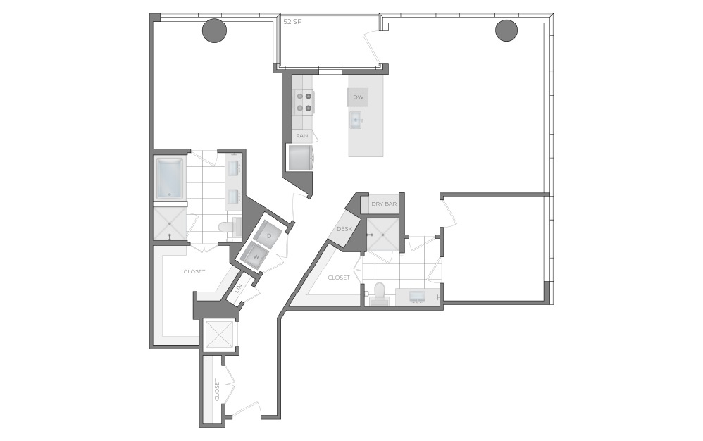 N - 2 bedroom floorplan layout with 2 bathrooms and 1460 square feet (2D)