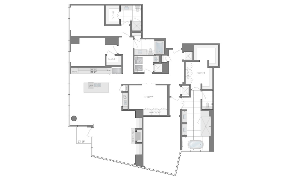PH2 - 3 bedroom floorplan layout with 3 bathrooms and 2975 square feet (2D)