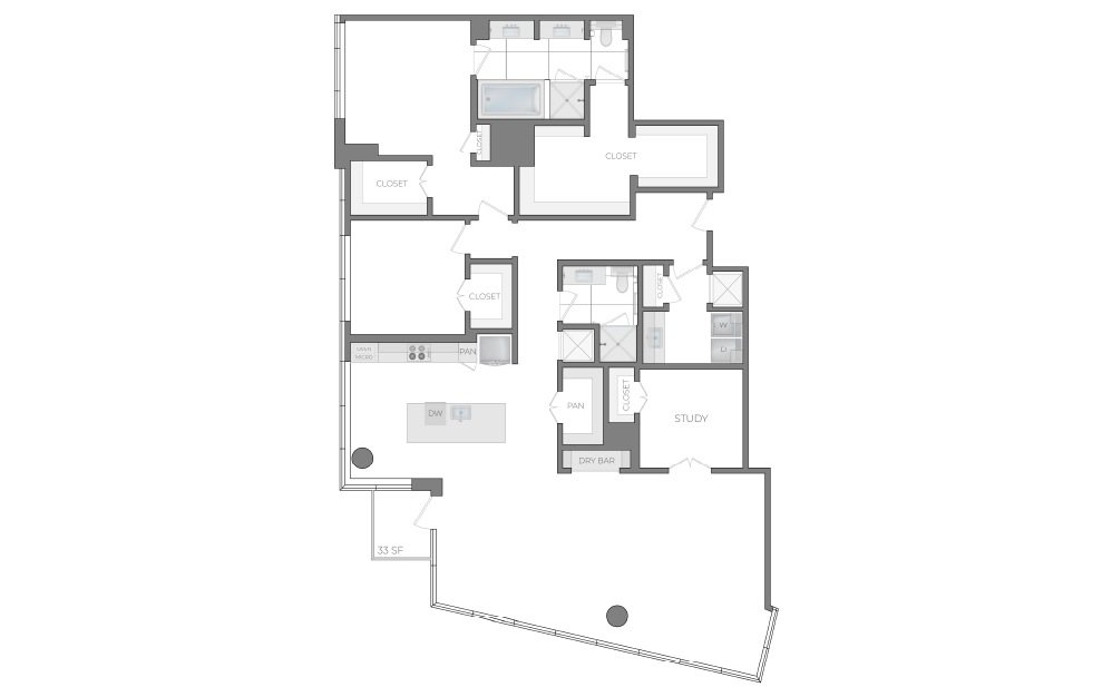 S - 2 bedroom floorplan layout with 2 bathrooms and 2092 square feet (2D)