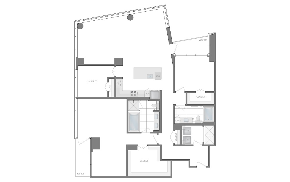 T - 2 bedroom floorplan layout with 2 bathrooms and 2139 square feet (2D)