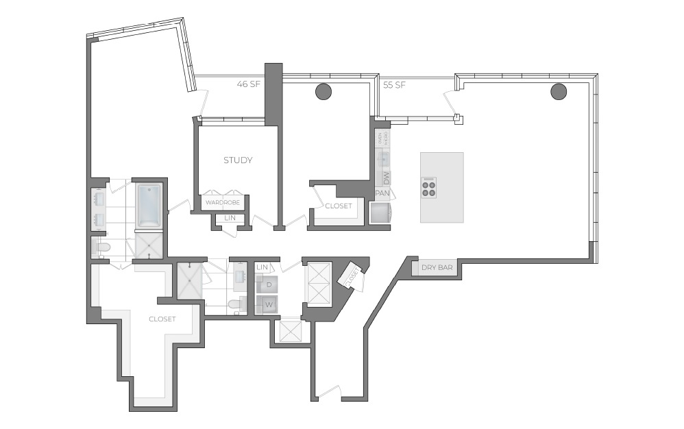 U - 2 bedroom floorplan layout with 2 bathrooms and 2205 square feet (2D)