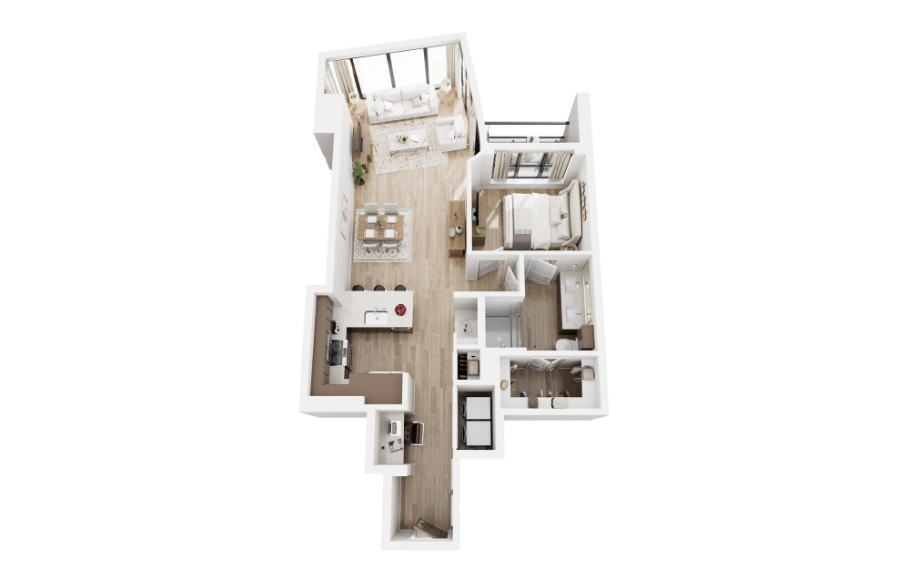 J - 1 bedroom floorplan layout with 1 bathroom and 958 square feet (3D)