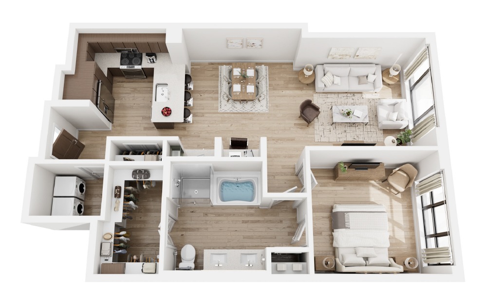 K - 1 bedroom floorplan layout with 1 bathroom and 1006 square feet (3D)