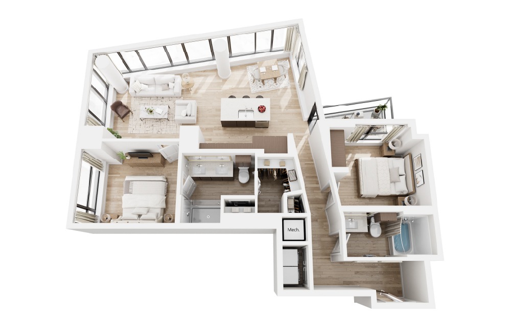 L - 2 bedroom floorplan layout with 2 bathrooms and 1265 square feet (3D) L - 2 bedroom floorplan layout with 2 bathrooms and 1265 square feet (3D)