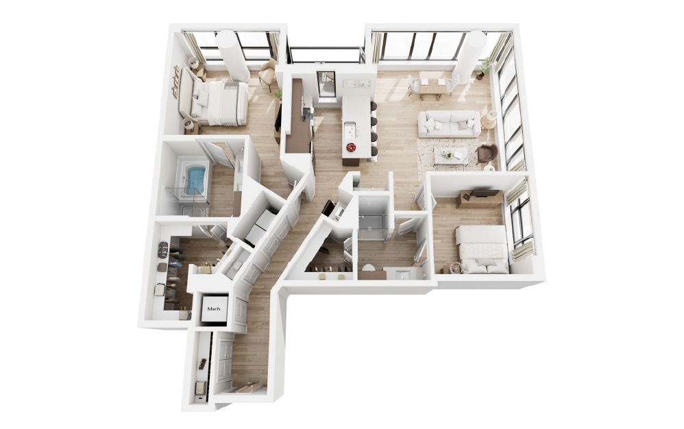 N - 2 bedroom floorplan layout with 2 bathrooms and 1460 square feet (3D) N - 2 bedroom floorplan layout with 2 bathrooms and 1460 square feet (3D)