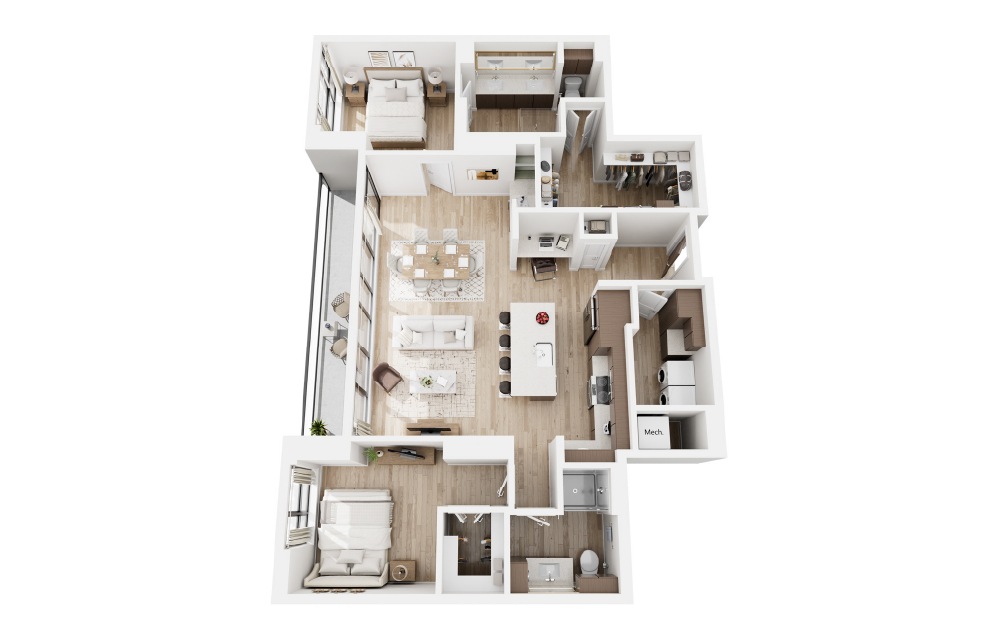 O - 2 bedroom floorplan layout with 2 bathrooms and 1597 square feet (3D)
