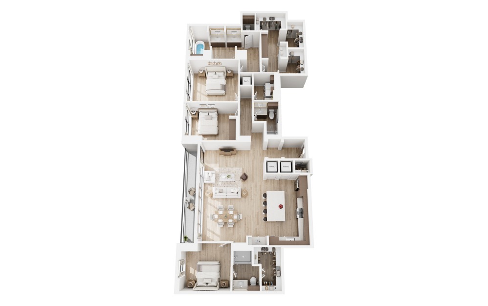 PH1 - 3 bedroom floorplan layout with 3 bathrooms and 2310 - 2412 square feet (3D) PH1 - 3 bedroom floorplan layout with 3 bathrooms and 2310 - 2412 square feet (3D)