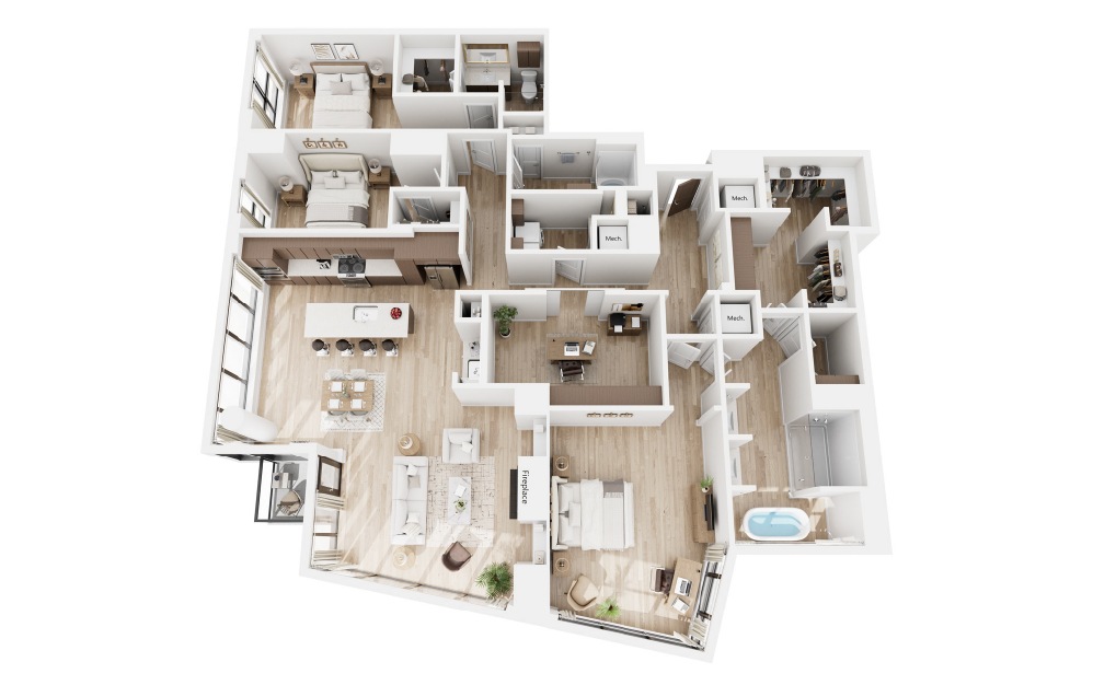 PH2 - 3 bedroom floorplan layout with 3 bathrooms and 2975 square feet (3D) PH2 - 3 bedroom floorplan layout with 3 bathrooms and 2975 square feet (3D)