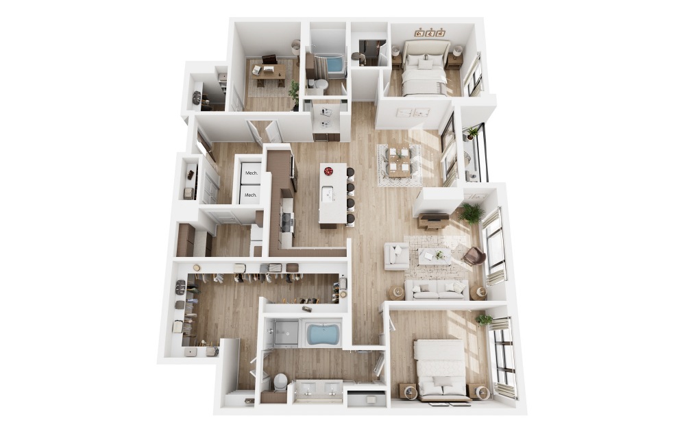 Q - 2 bedroom floorplan layout with 2 bathrooms and 1907 square feet (3D) Q - 2 bedroom floorplan layout with 2 bathrooms and 1907 square feet (3D)