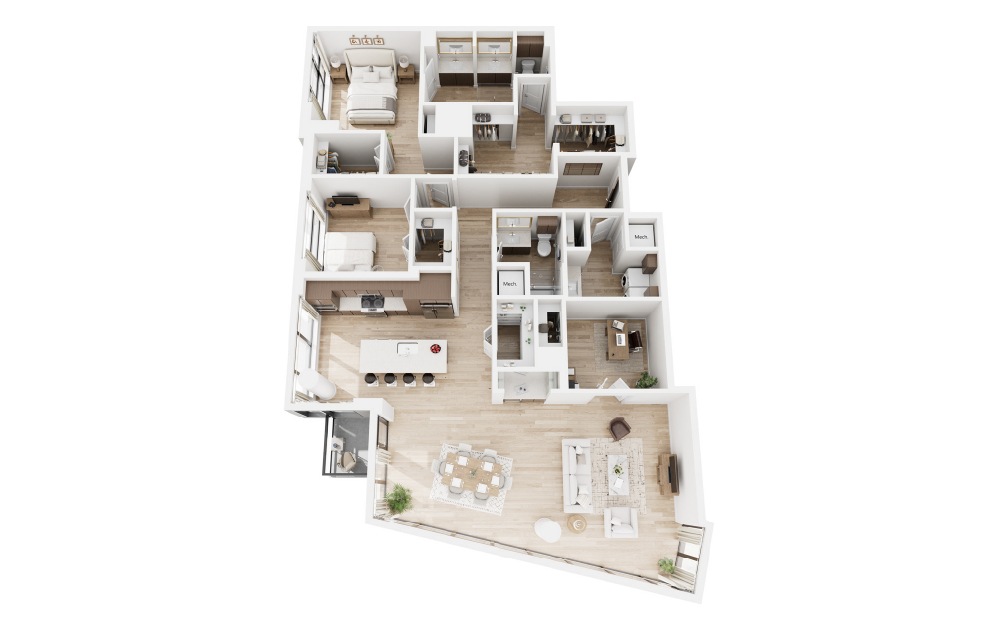 S - 2 bedroom floorplan layout with 2 bathrooms and 2092 square feet (3D) S - 2 bedroom floorplan layout with 2 bathrooms and 2092 square feet (3D)