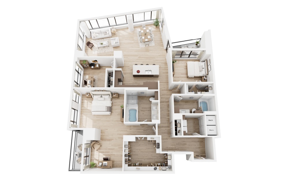 T - 2 bedroom floorplan layout with 2 bathrooms and 2139 square feet (3D) T - 2 bedroom floorplan layout with 2 bathrooms and 2139 square feet (3D)
