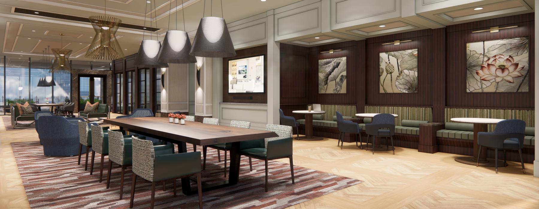a room with a table chairs and a rug